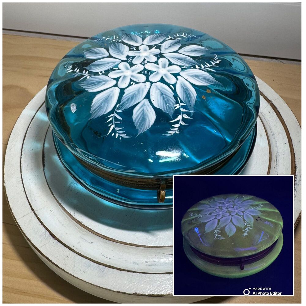 Antique Bohemian Moser? Vanity Powder Box Turquoise Floral Enamel Vaseline Glass